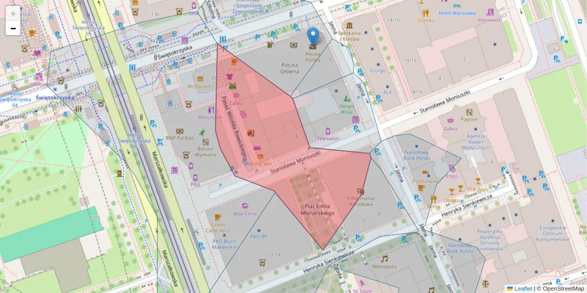 Szczegółowa mapa kodu pocztowego 00-009 z granicami, sąsiednimi kodami pocztowymi i urzędami pocztowymi