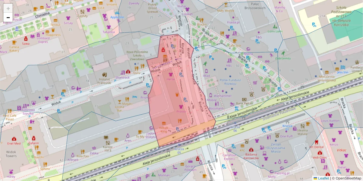 Szczegółowa mapa kodu pocztowego 00-022 z granicami, sąsiednimi kodami pocztowymi i urzędami pocztowymi