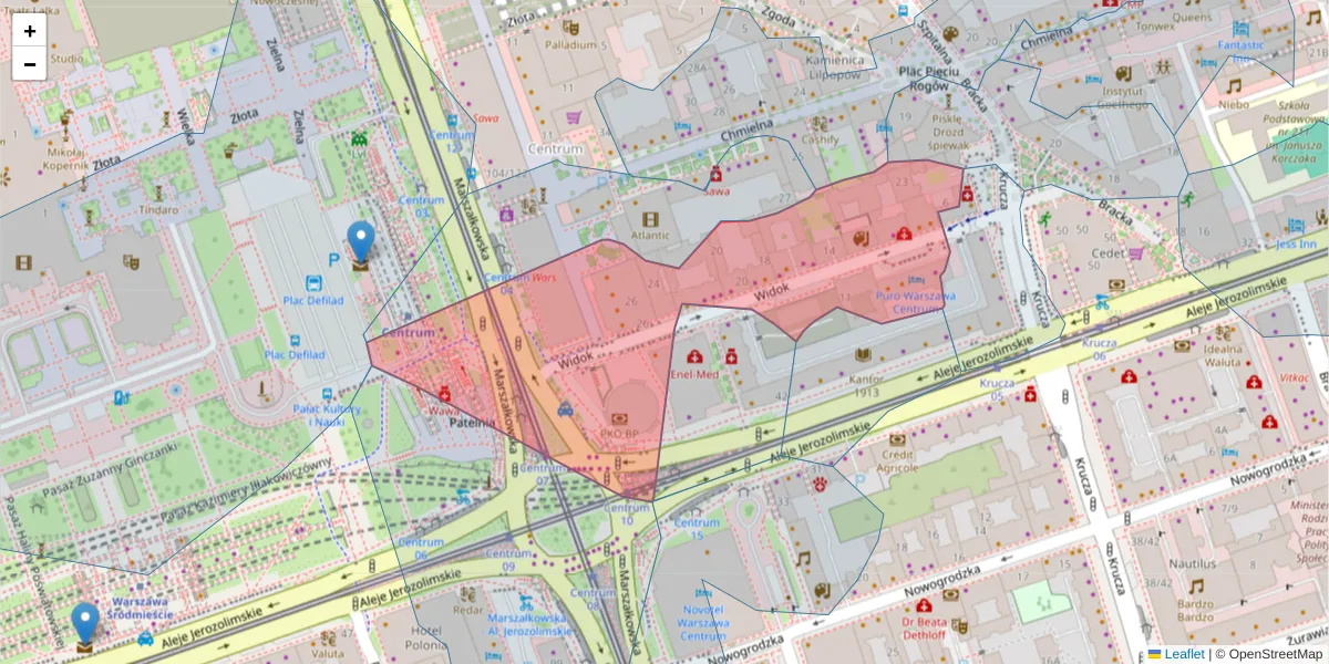 Szczegółowa mapa kodu pocztowego 00-023 z granicami, sąsiednimi kodami pocztowymi i urzędami pocztowymi