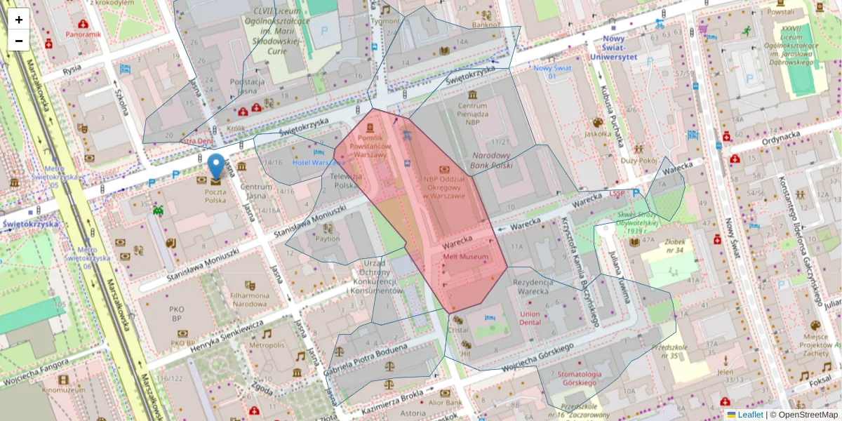 Szczegółowa mapa kodu pocztowego 00-030 z granicami, sąsiednimi kodami pocztowymi i urzędami pocztowymi