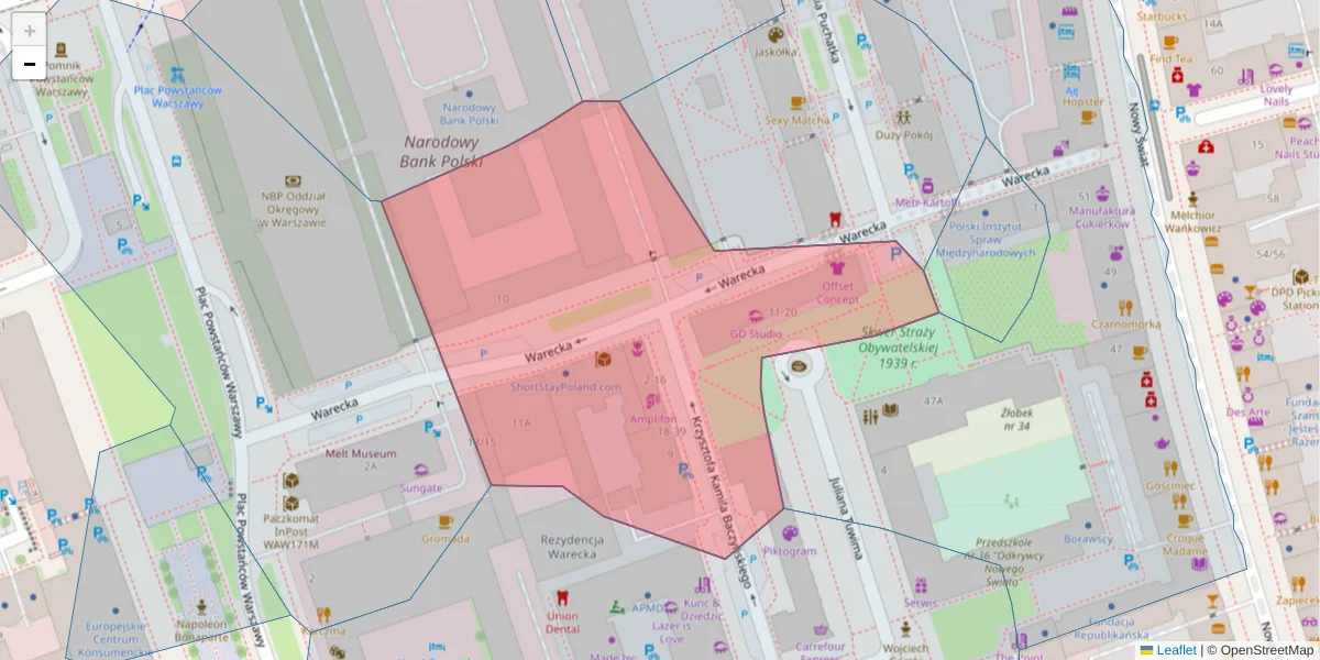 Szczegółowa mapa kodu pocztowego 00-034 z granicami, sąsiednimi kodami pocztowymi i urzędami pocztowymi