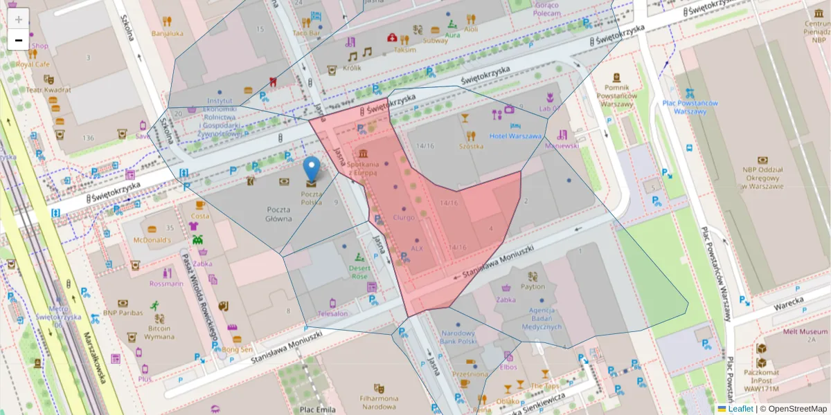 Szczegółowa mapa kodu pocztowego 00-041 z granicami, sąsiednimi kodami pocztowymi i urzędami pocztowymi