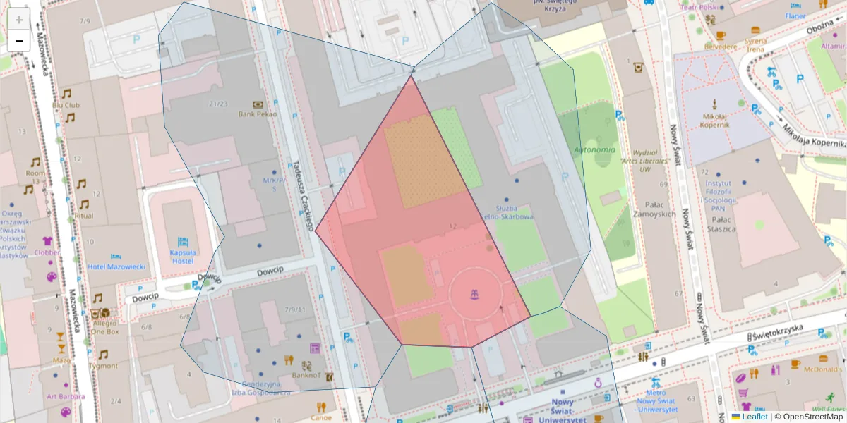 Szczegółowa mapa kodu pocztowego 00-044 z granicami, sąsiednimi kodami pocztowymi i urzędami pocztowymi