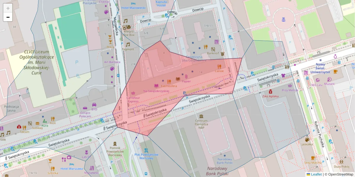 Szczegółowa mapa kodu pocztowego 00-050 z granicami, sąsiednimi kodami pocztowymi i urzędami pocztowymi