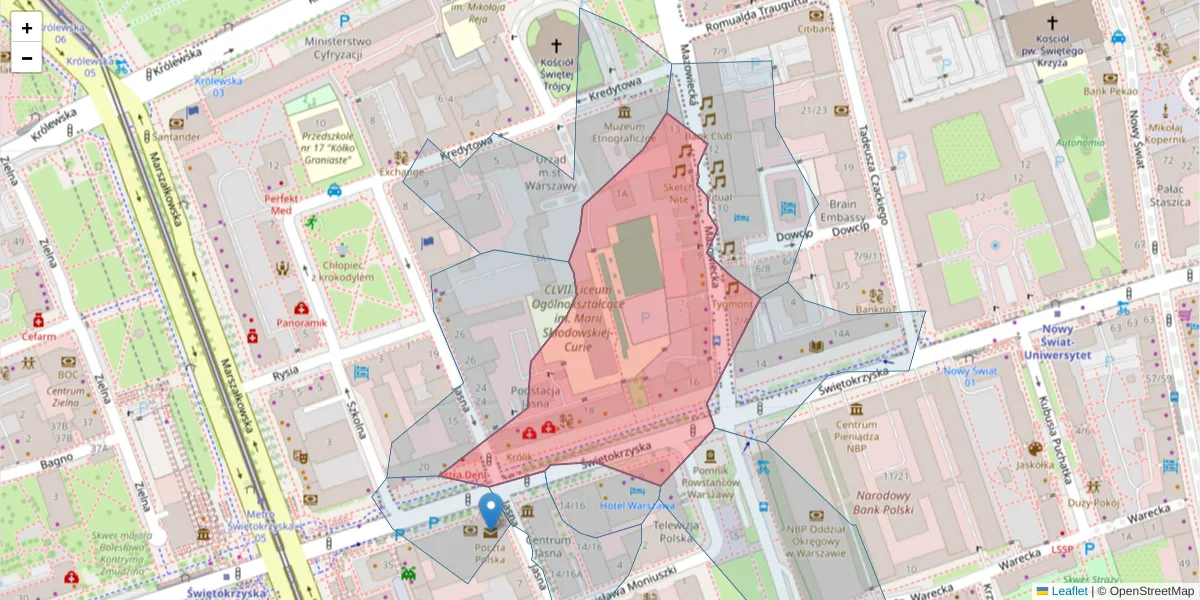 Szczegółowa mapa kodu pocztowego 00-052 z granicami, sąsiednimi kodami pocztowymi i urzędami pocztowymi