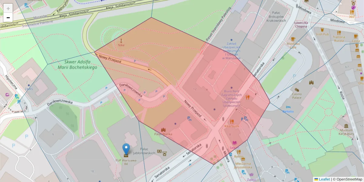 Szczegółowa mapa kodu pocztowego 00-082 z granicami, sąsiednimi kodami pocztowymi i urzędami pocztowymi
