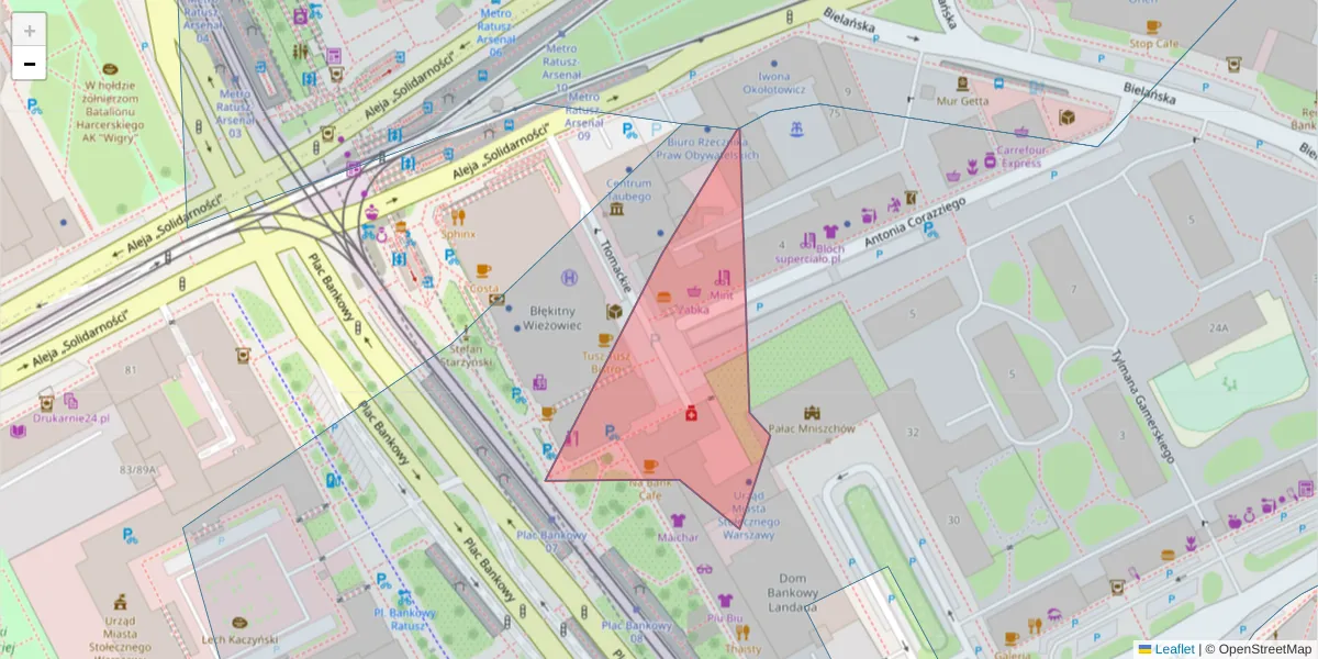 Szczegółowa mapa kodu pocztowego 00-087 z granicami, sąsiednimi kodami pocztowymi i urzędami pocztowymi