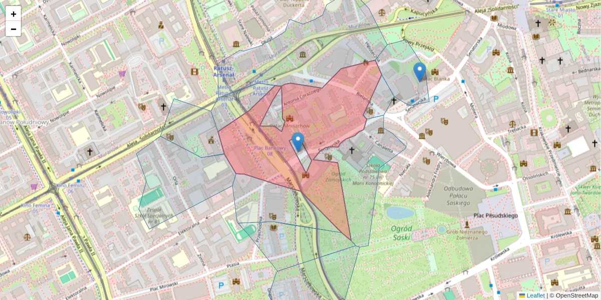Szczegółowa mapa kodu pocztowego 00-095 z granicami, sąsiednimi kodami pocztowymi i urzędami pocztowymi