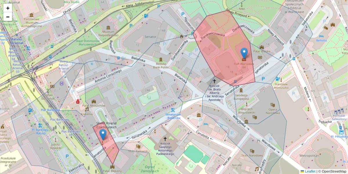 Szczegółowa mapa kodu pocztowego 00-096 z granicami, sąsiednimi kodami pocztowymi i urzędami pocztowymi
