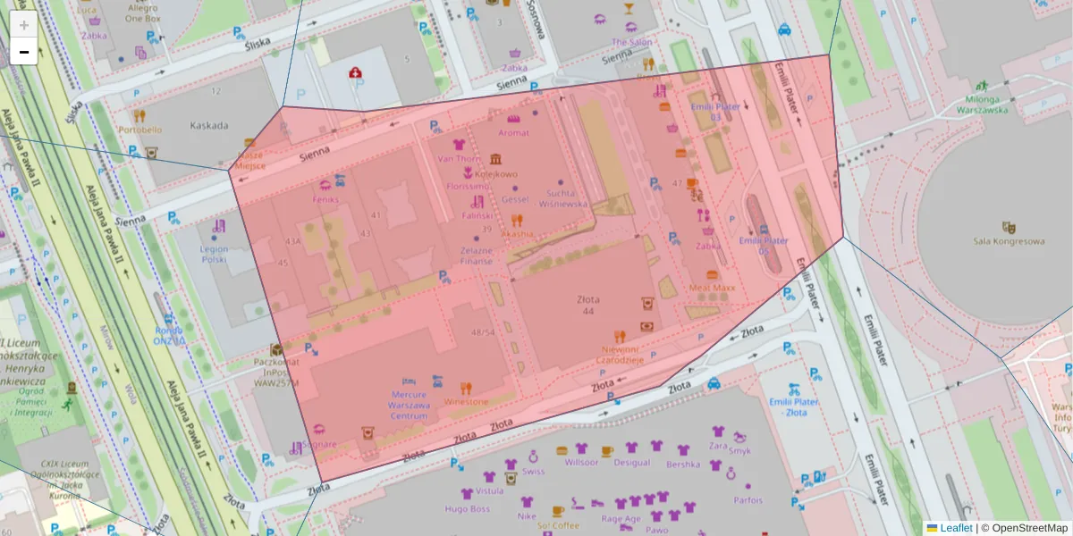 Szczegółowa mapa kodu pocztowego 00-121 z granicami, sąsiednimi kodami pocztowymi i urzędami pocztowymi