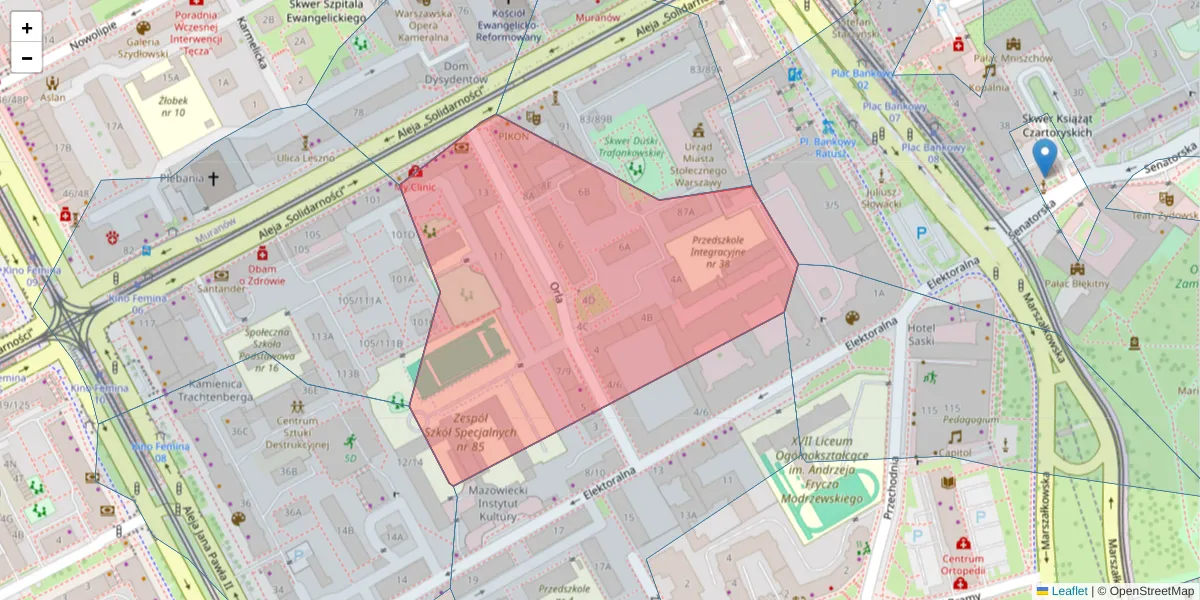 Szczegółowa mapa kodu pocztowego 00-143 z granicami, sąsiednimi kodami pocztowymi i urzędami pocztowymi