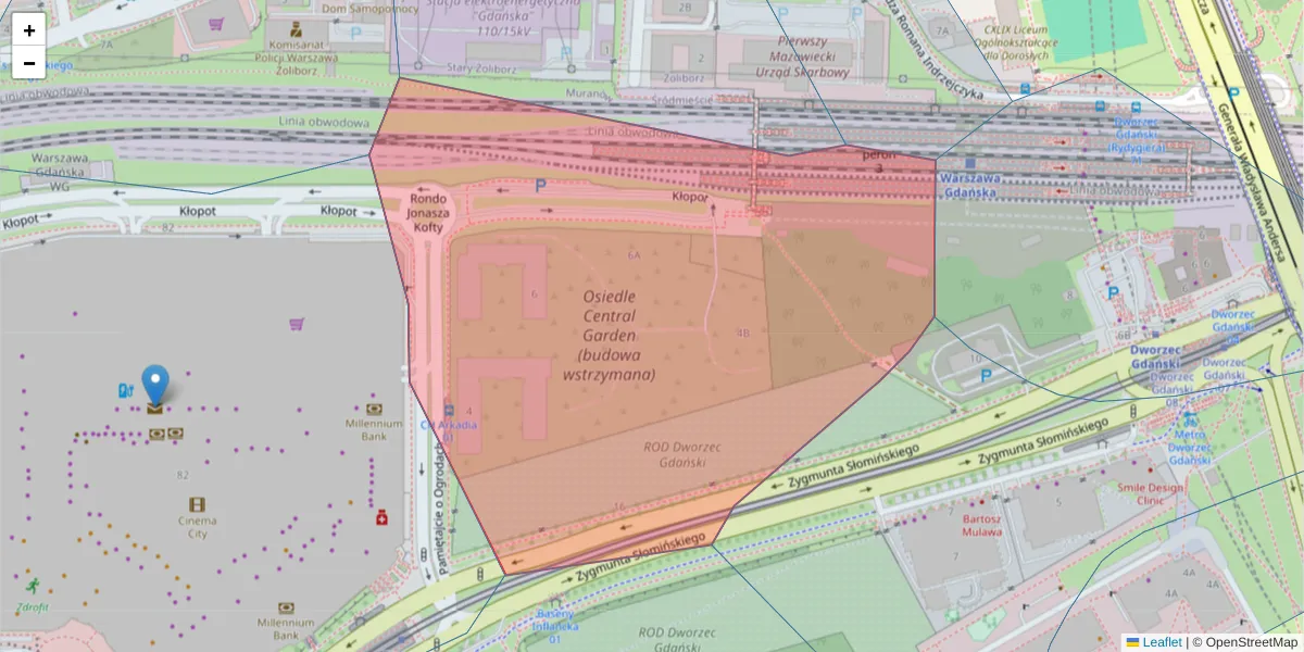 Szczegółowa mapa kodu pocztowego 00-197 z granicami, sąsiednimi kodami pocztowymi i urzędami pocztowymi