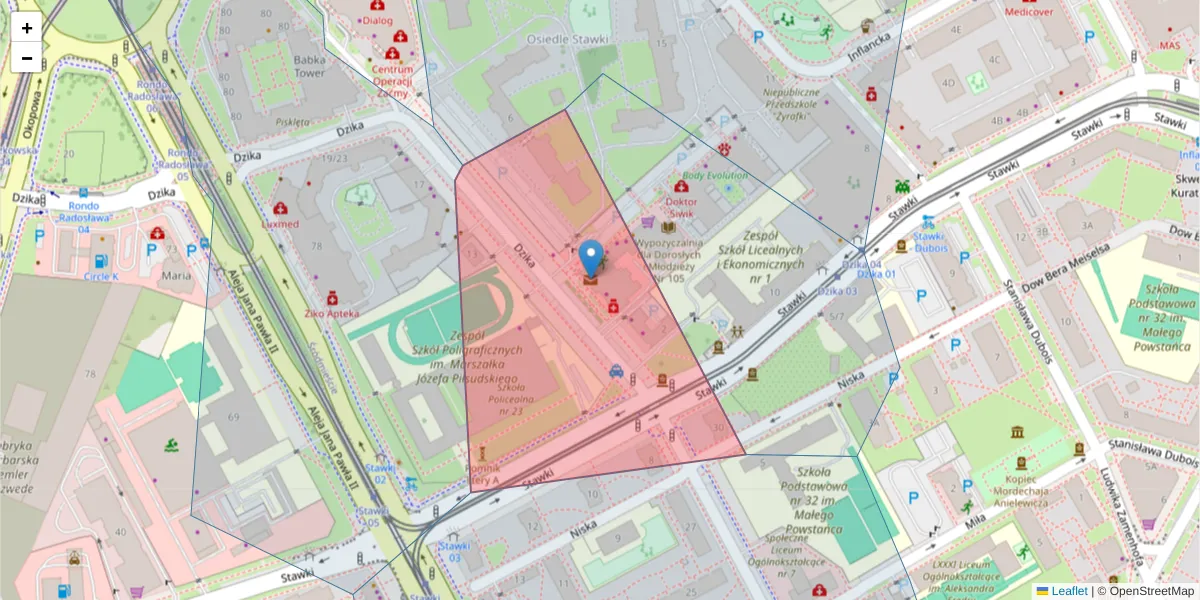 Szczegółowa mapa kodu pocztowego 00-198 z granicami, sąsiednimi kodami pocztowymi i urzędami pocztowymi
