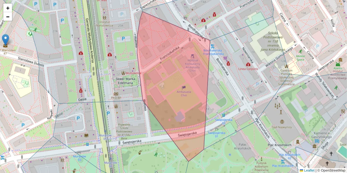 Szczegółowa mapa kodu pocztowego 00-203 z granicami, sąsiednimi kodami pocztowymi i urzędami pocztowymi