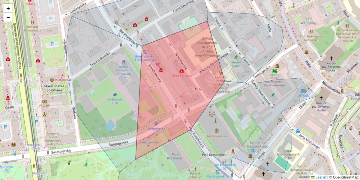 Szczegółowa mapa kodu pocztowego 00-213 z granicami, sąsiednimi kodami pocztowymi i urzędami pocztowymi