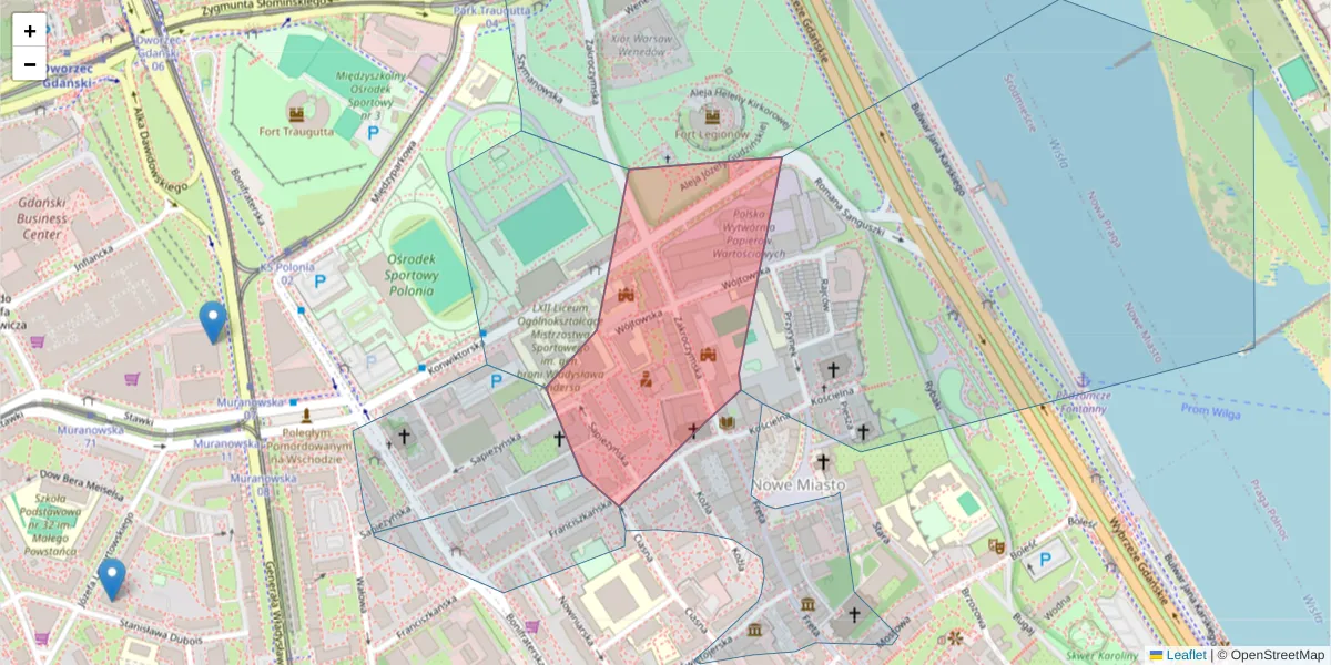 Szczegółowa mapa kodu pocztowego 00-225 z granicami, sąsiednimi kodami pocztowymi i urzędami pocztowymi