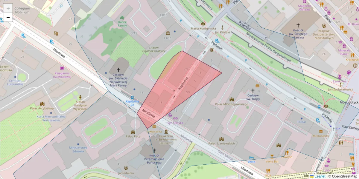 Szczegółowa mapa kodu pocztowego 00-249 z granicami, sąsiednimi kodami pocztowymi i urzędami pocztowymi