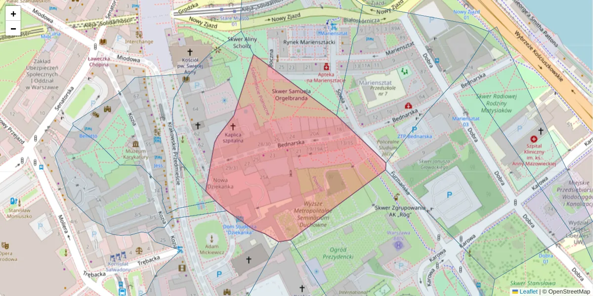 Szczegółowa mapa kodu pocztowego 00-321 z granicami, sąsiednimi kodami pocztowymi i urzędami pocztowymi