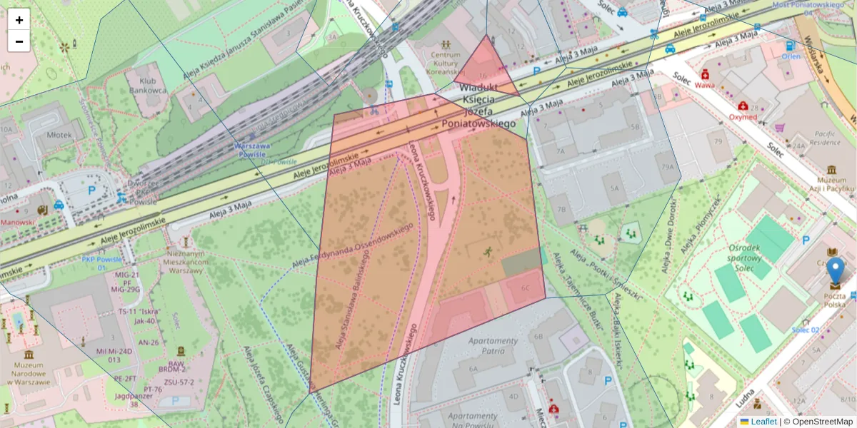 Szczegółowa mapa kodu pocztowego 00-381 z granicami, sąsiednimi kodami pocztowymi i urzędami pocztowymi
