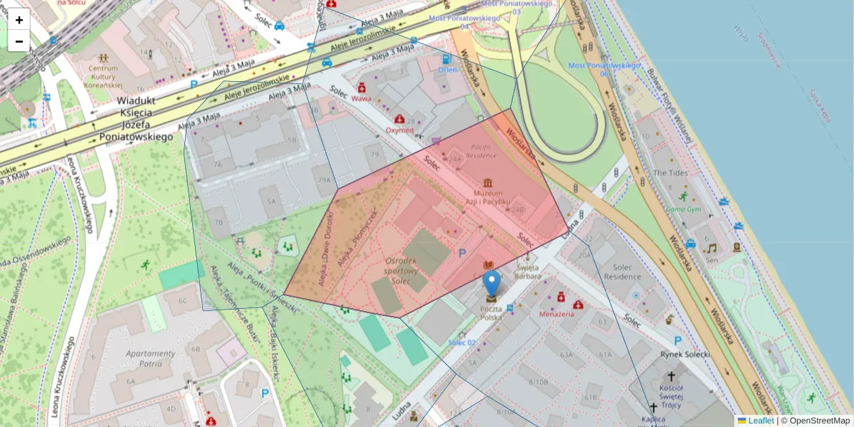 Szczegółowa mapa kodu pocztowego 00-402 z granicami, sąsiednimi kodami pocztowymi i urzędami pocztowymi