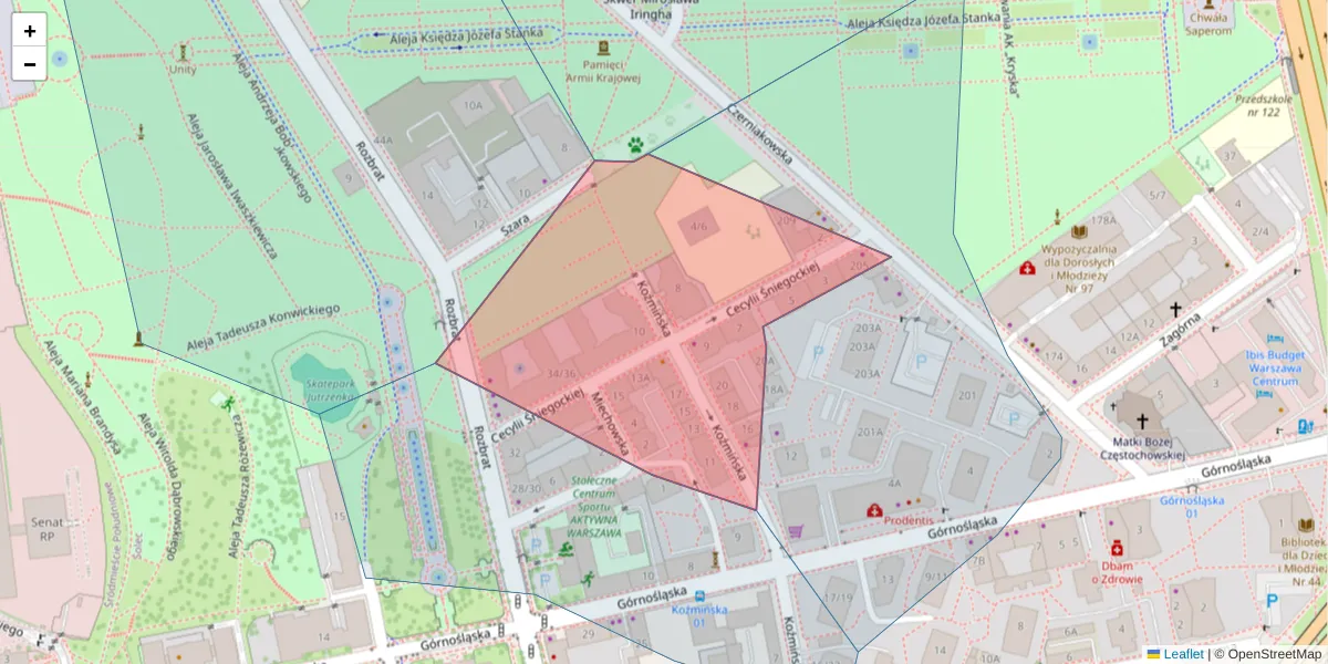 Szczegółowa mapa kodu pocztowego 00-430 z granicami, sąsiednimi kodami pocztowymi i urzędami pocztowymi