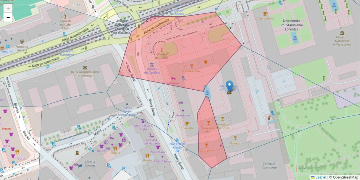 Szczegółowa mapa kodu pocztowego 00-497 z granicami, sąsiednimi kodami pocztowymi i urzędami pocztowymi