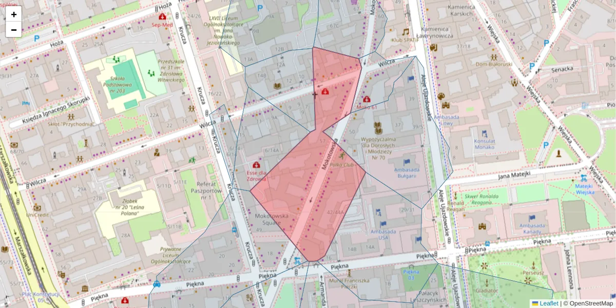 Szczegółowa mapa kodu pocztowego 00-542 z granicami, sąsiednimi kodami pocztowymi i urzędami pocztowymi