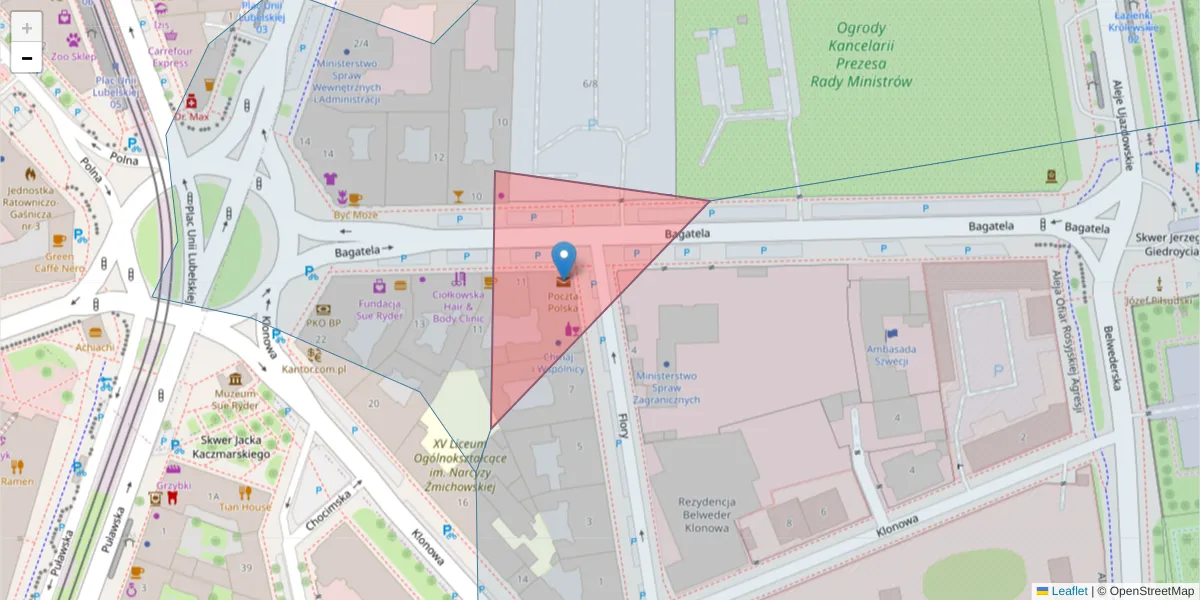 Szczegółowa mapa kodu pocztowego 00-587 z granicami, sąsiednimi kodami pocztowymi i urzędami pocztowymi