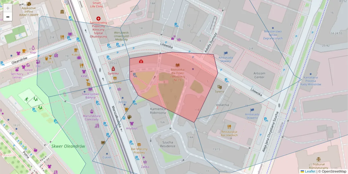 Szczegółowa mapa kodu pocztowego 00-589 z granicami, sąsiednimi kodami pocztowymi i urzędami pocztowymi