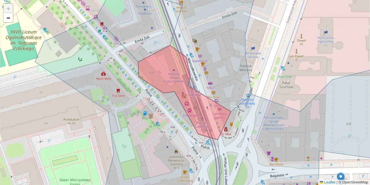 Szczegółowa mapa kodu pocztowego 00-624 z granicami, sąsiednimi kodami pocztowymi i urzędami pocztowymi