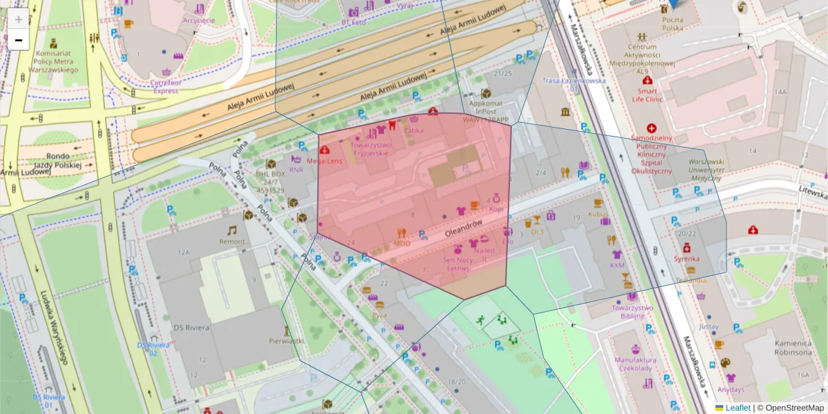 Szczegółowa mapa kodu pocztowego 00-629 z granicami, sąsiednimi kodami pocztowymi i urzędami pocztowymi