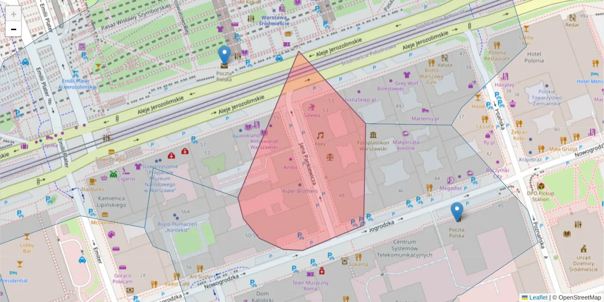 Szczegółowa mapa kodu pocztowego 00-696 z granicami, sąsiednimi kodami pocztowymi i urzędami pocztowymi