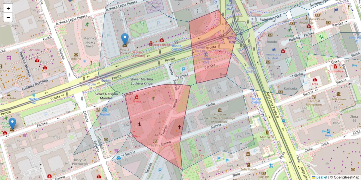 Szczegółowa mapa kodu pocztowego 00-831 z granicami, sąsiednimi kodami pocztowymi i urzędami pocztowymi