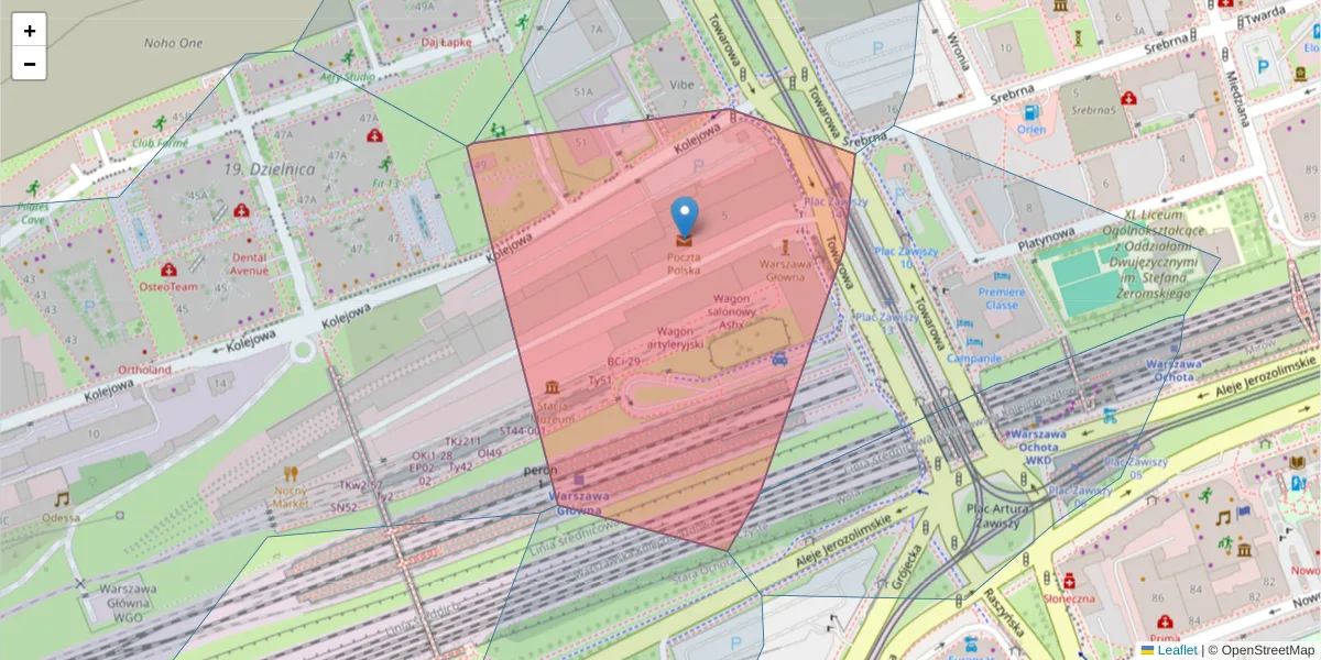 Szczegółowa mapa kodu pocztowego 00-965 z granicami, sąsiednimi kodami pocztowymi i urzędami pocztowymi