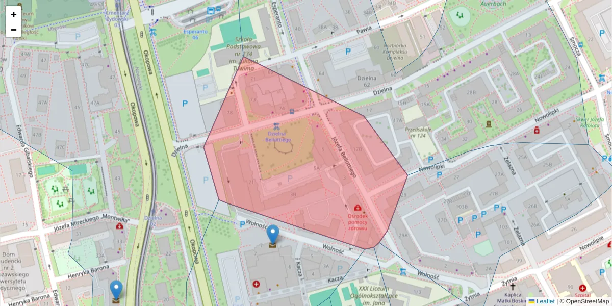 Szczegółowa mapa kodu pocztowego 01-022 z granicami, sąsiednimi kodami pocztowymi i urzędami pocztowymi