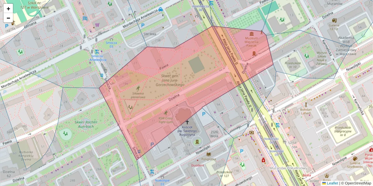 Szczegółowa mapa kodu pocztowego 01-023 z granicami, sąsiednimi kodami pocztowymi i urzędami pocztowymi