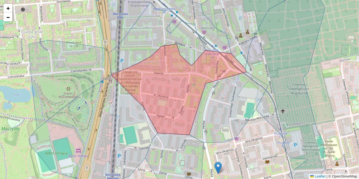 Szczegółowa mapa kodu pocztowego 01-167 z granicami, sąsiednimi kodami pocztowymi i urzędami pocztowymi