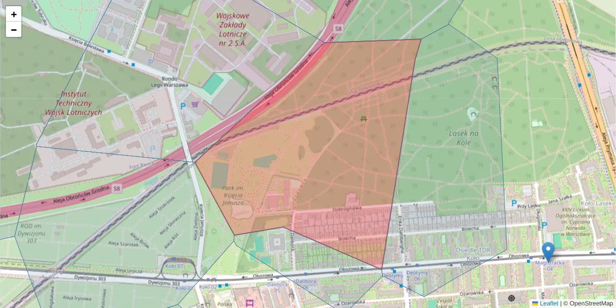 Szczegółowa mapa kodu pocztowego 01-438 z granicami, sąsiednimi kodami pocztowymi i urzędami pocztowymi