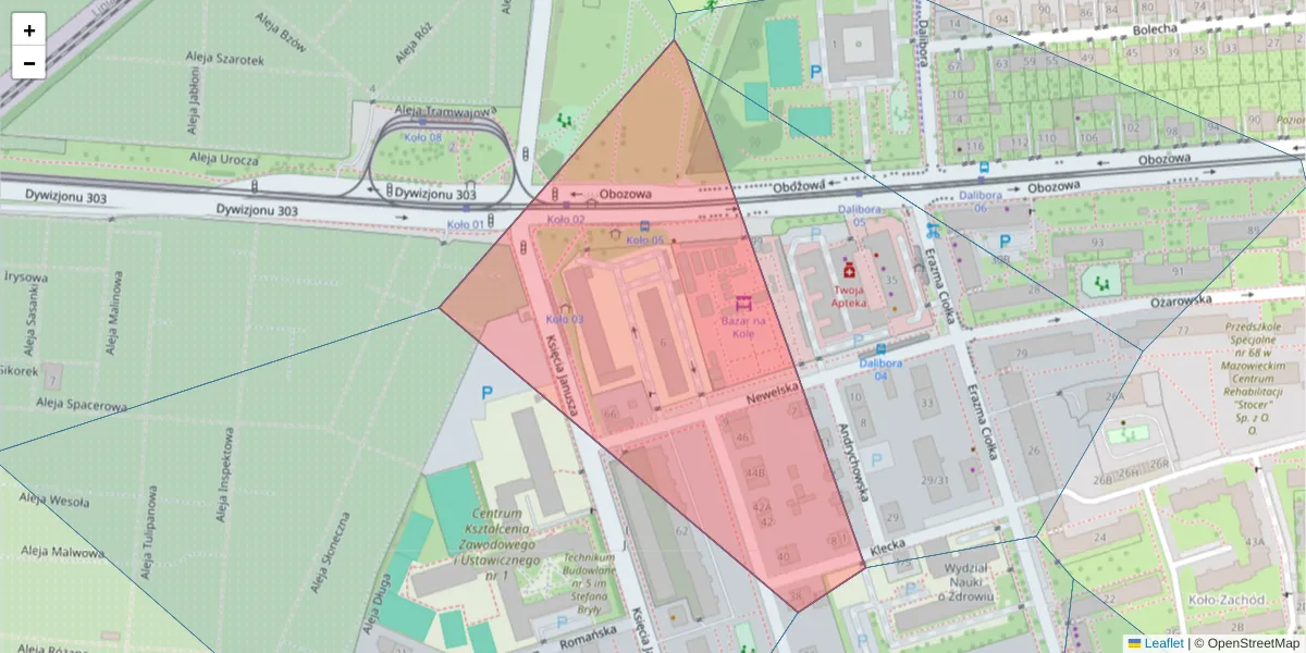 Szczegółowa mapa kodu pocztowego 01-447 z granicami, sąsiednimi kodami pocztowymi i urzędami pocztowymi