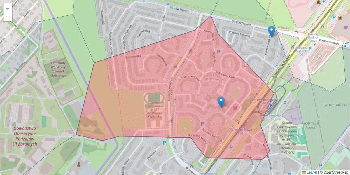 Szczegółowa mapa kodu pocztowego 01-496 z granicami, sąsiednimi kodami pocztowymi i urzędami pocztowymi