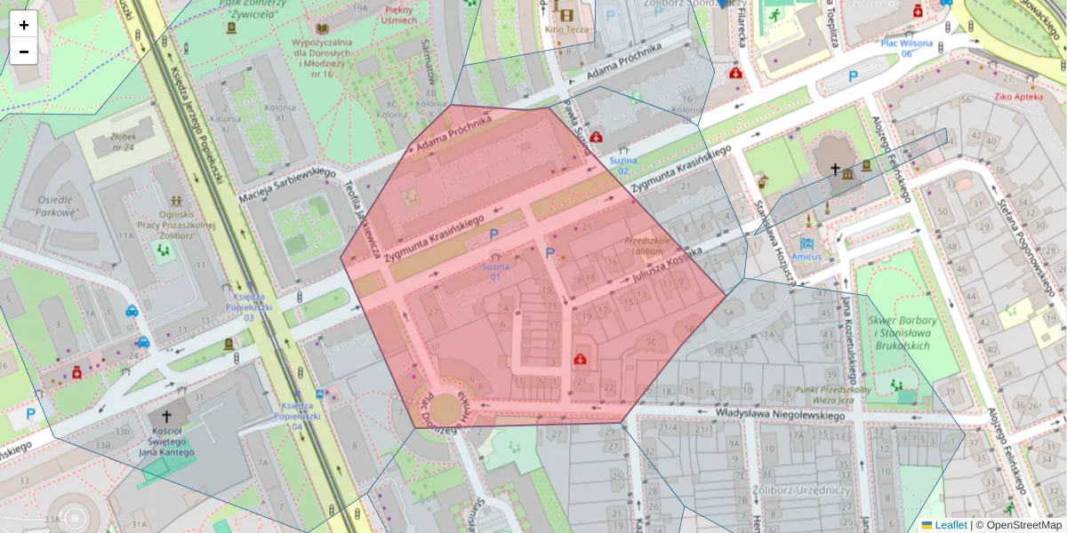 Szczegółowa mapa kodu pocztowego 01-581 z granicami, sąsiednimi kodami pocztowymi i urzędami pocztowymi