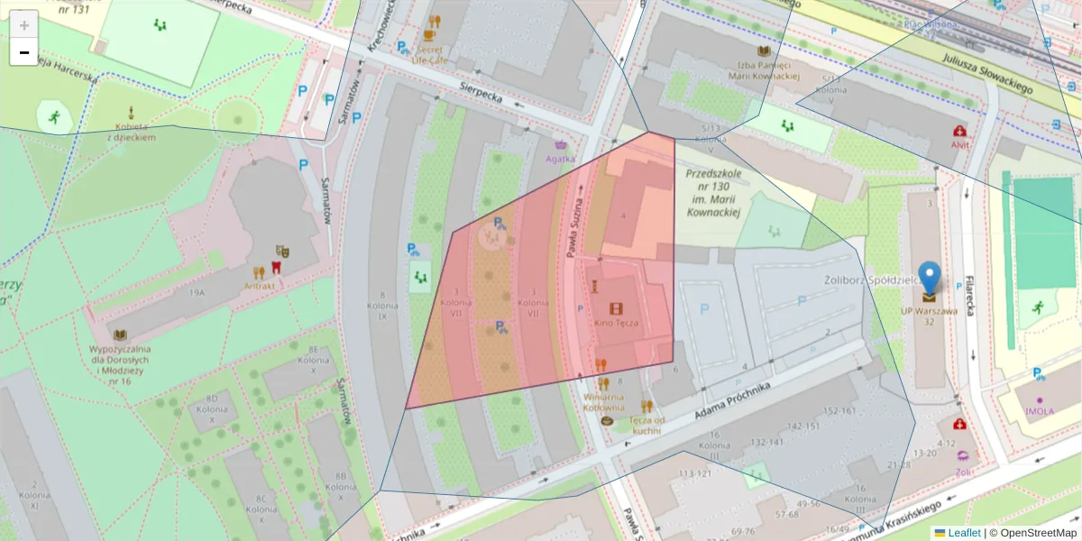 Szczegółowa mapa kodu pocztowego 01-586 z granicami, sąsiednimi kodami pocztowymi i urzędami pocztowymi