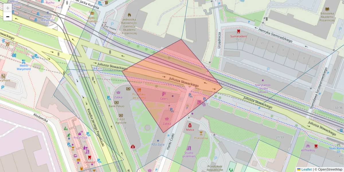 Szczegółowa mapa kodu pocztowego 01-588 z granicami, sąsiednimi kodami pocztowymi i urzędami pocztowymi