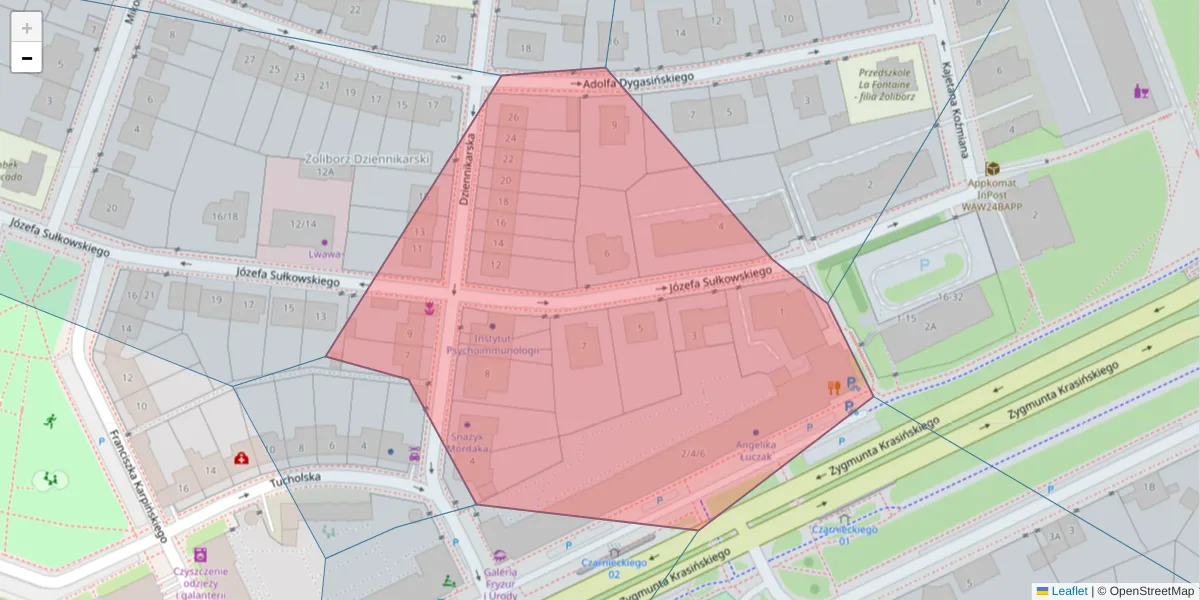 Szczegółowa mapa kodu pocztowego 01-605 z granicami, sąsiednimi kodami pocztowymi i urzędami pocztowymi