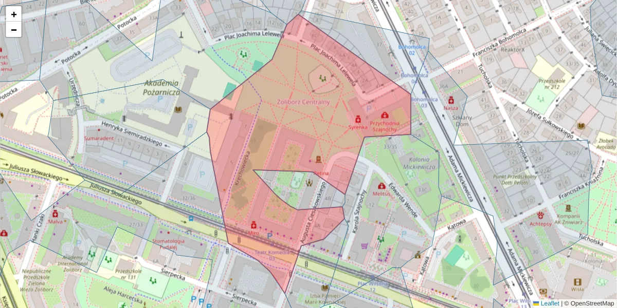 Szczegółowa mapa kodu pocztowego 01-636 z granicami, sąsiednimi kodami pocztowymi i urzędami pocztowymi