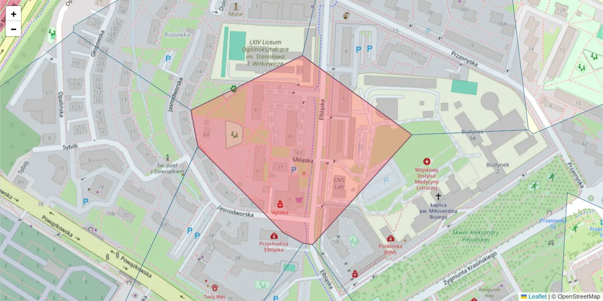 Szczegółowa mapa kodu pocztowego 01-737 z granicami, sąsiednimi kodami pocztowymi i urzędami pocztowymi