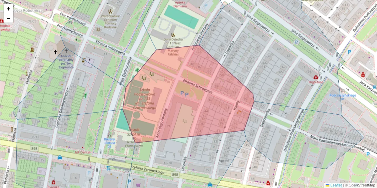 Szczegółowa mapa kodu pocztowego 01-820 z granicami, sąsiednimi kodami pocztowymi i urzędami pocztowymi