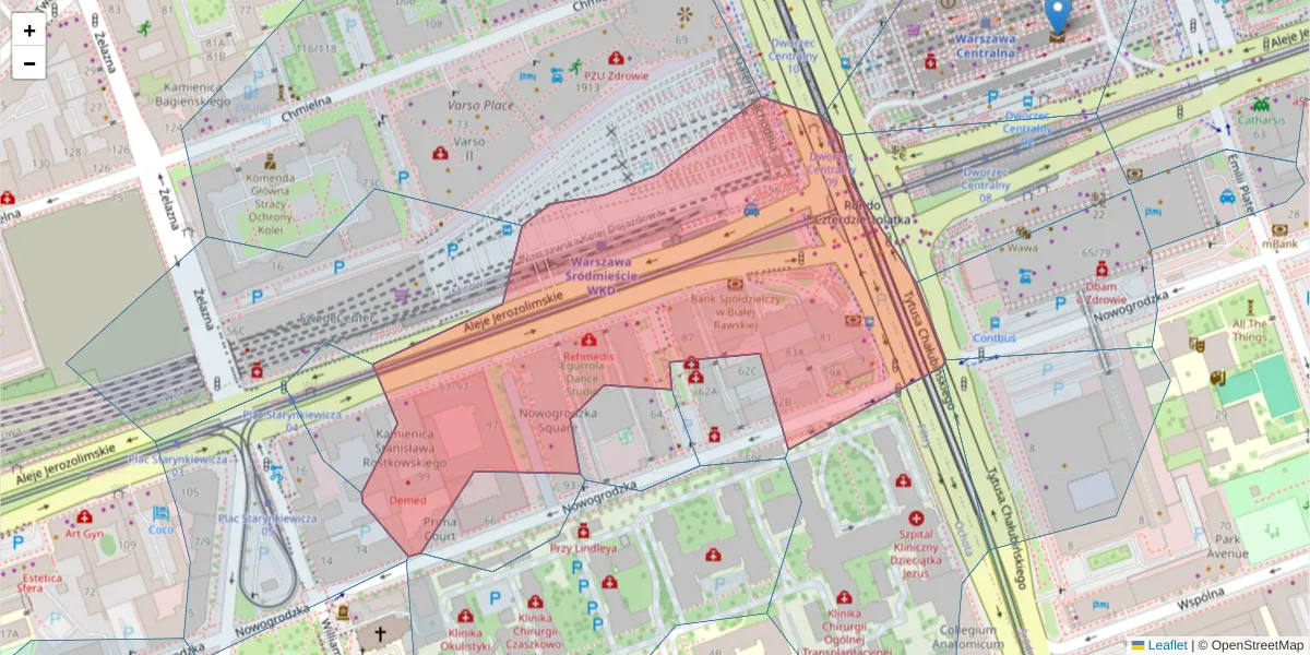 Szczegółowa mapa kodu pocztowego 02-001 z granicami, sąsiednimi kodami pocztowymi i urzędami pocztowymi
