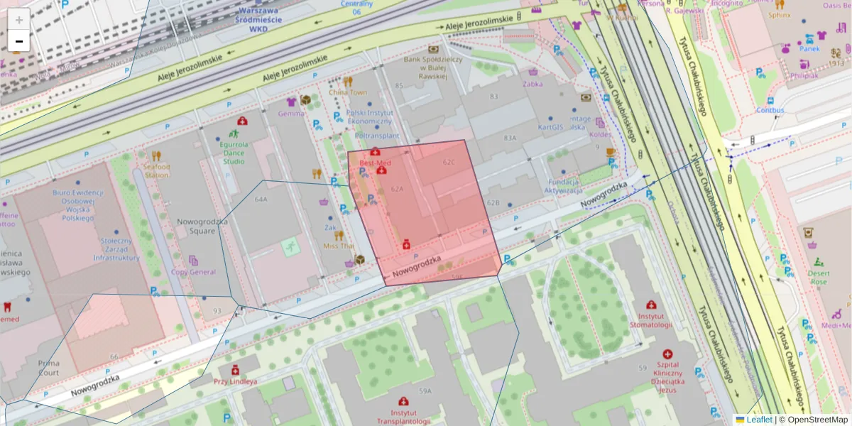Szczegółowa mapa kodu pocztowego 02-002 z granicami, sąsiednimi kodami pocztowymi i urzędami pocztowymi