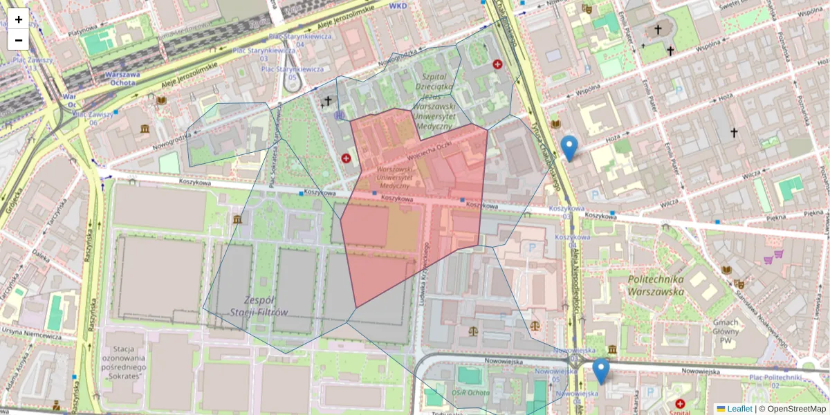Szczegółowa mapa kodu pocztowego 02-007 z granicami, sąsiednimi kodami pocztowymi i urzędami pocztowymi